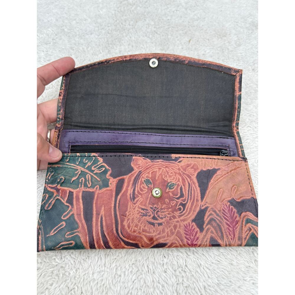 Leather Wallet Black Brown Green Embossed Tigers Multi Pocket Coin Purse India - Picture 4 of 8